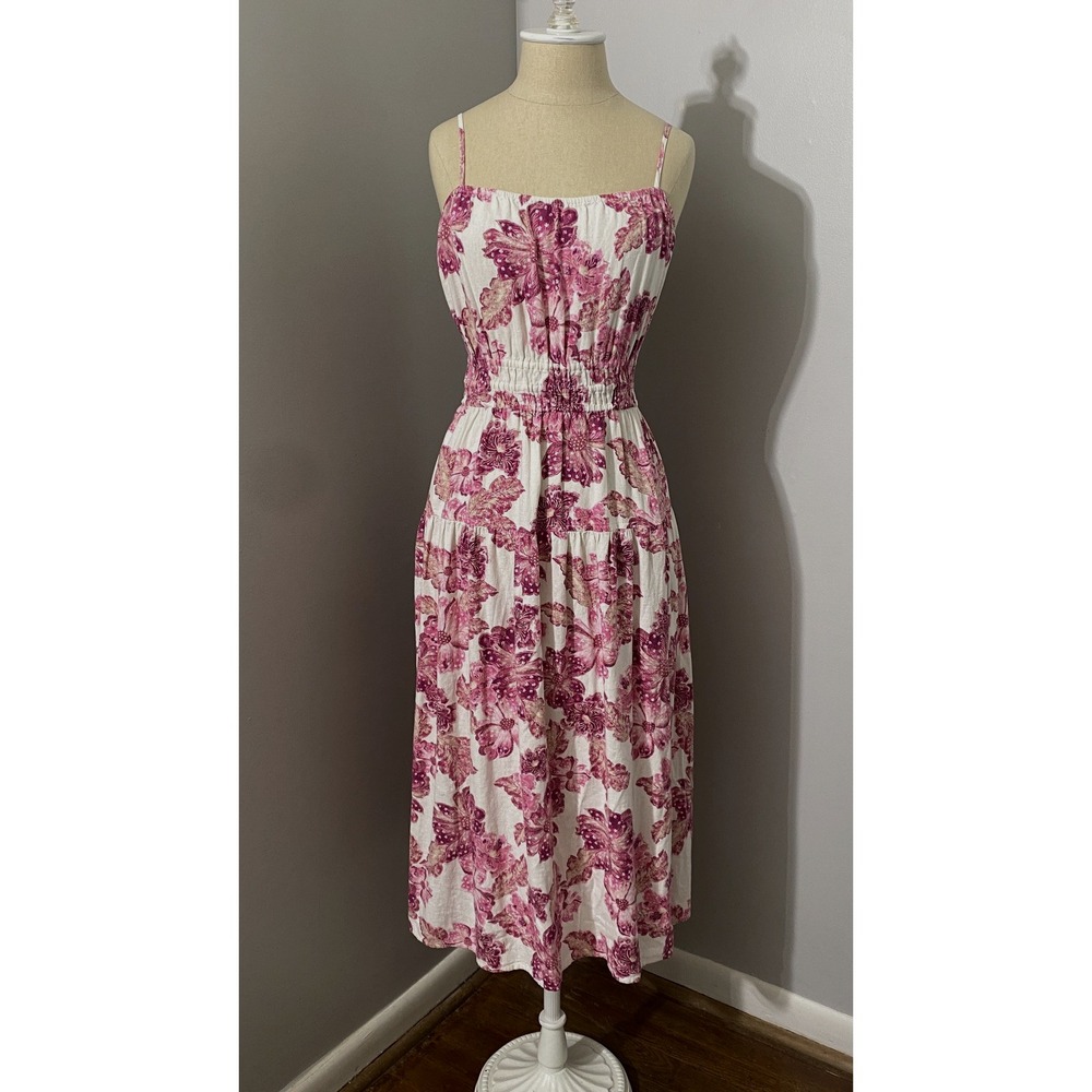 Old Navy Linen Blend Strapless Midi Dress Sz M Pink Floral Romantic Cottagecore